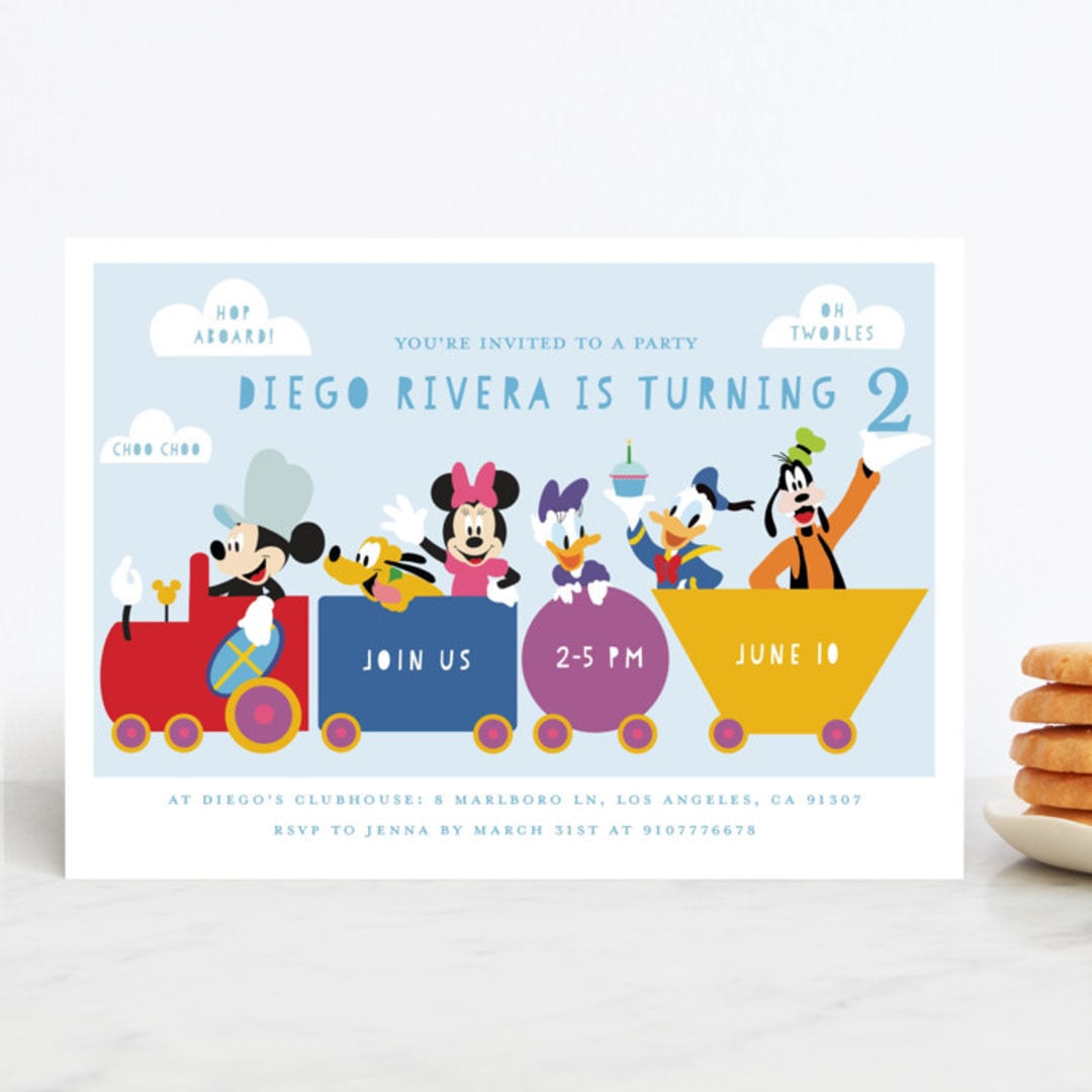 "Disney Mickey & Friends Birthday Train" - Children's Birthday Party Invitations in Sky by Madhvi Samimi - Front