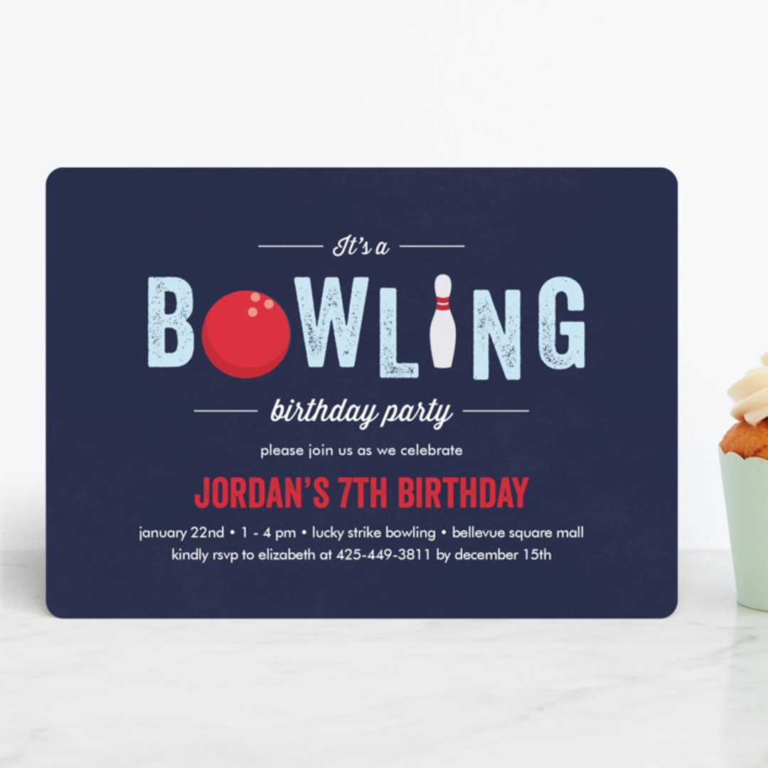 "Bowling birthday party" - Children's Birthday Party Invitations in Blue Slate by Anupama - Front
