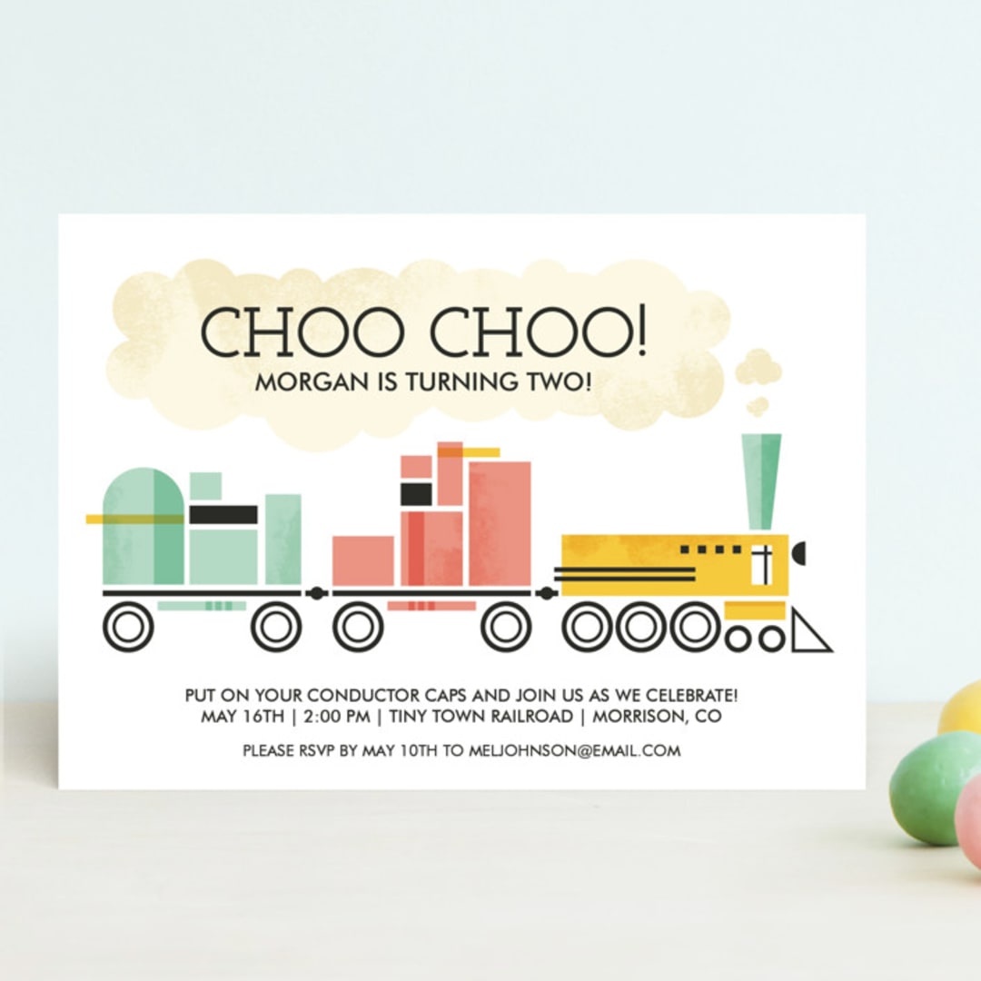 "Mod Conductor" - Children's Birthday Party Invitations in Rose by Kayla King - Front