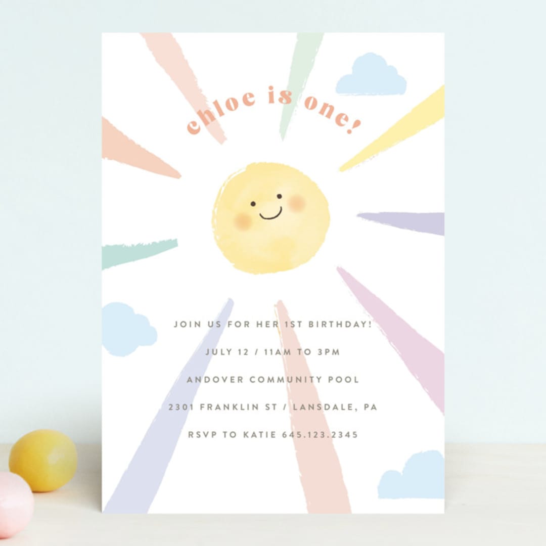 "Rainbow sun" - Children's Birthday Party Invitations in Sherbet by Jennifer Wick - Front