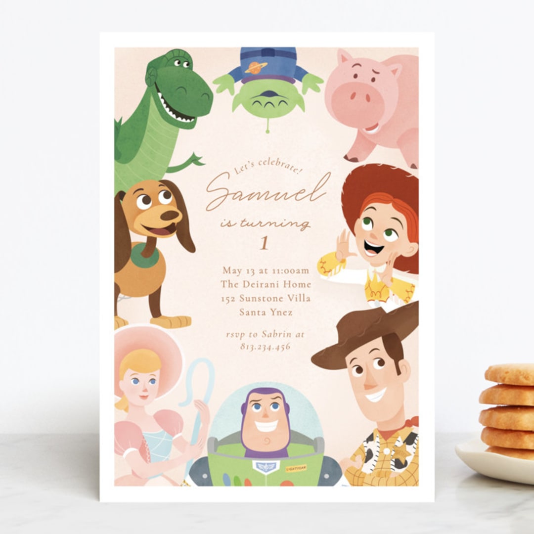 "Disney's and Pixar Toy Story Friends" - Children's Birthday Party Invitations in Taupe by Sabrin Deirani - Front