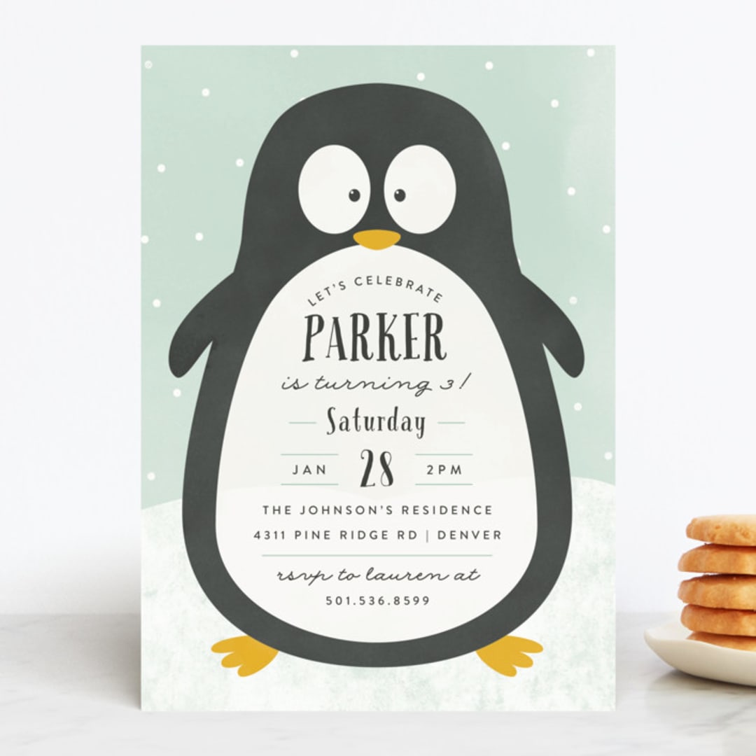 "Penguin Party" - Children's Birthday Party Invitations in Mint by Brianne Larsen - Front