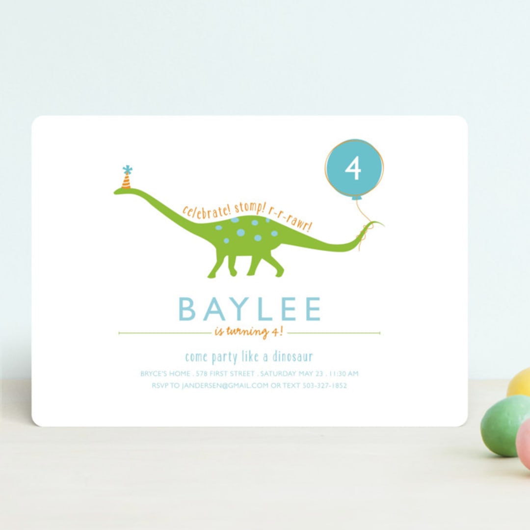 "Party Like A Dinosaur" - Children's Birthday Party Invitations in Lake by freckle fish - Front