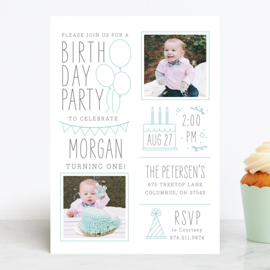"Celebration Stack" - Children's Birthday Party Invitations in Sky by Sarah Brown - Front