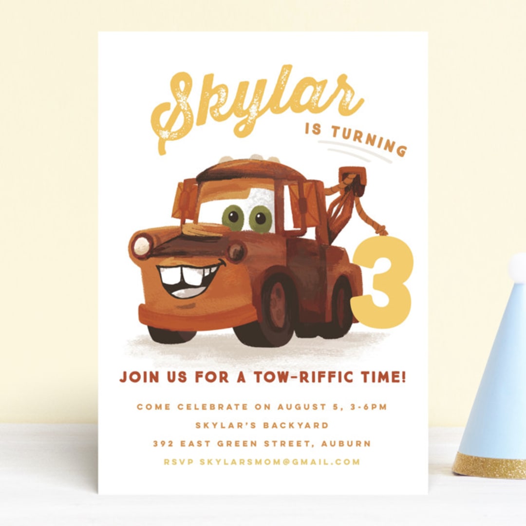 "Disney and Pixar's Tow-riffic Mater" - Children's Birthday Party Invitations in Pearl by Jessie Steury - Front