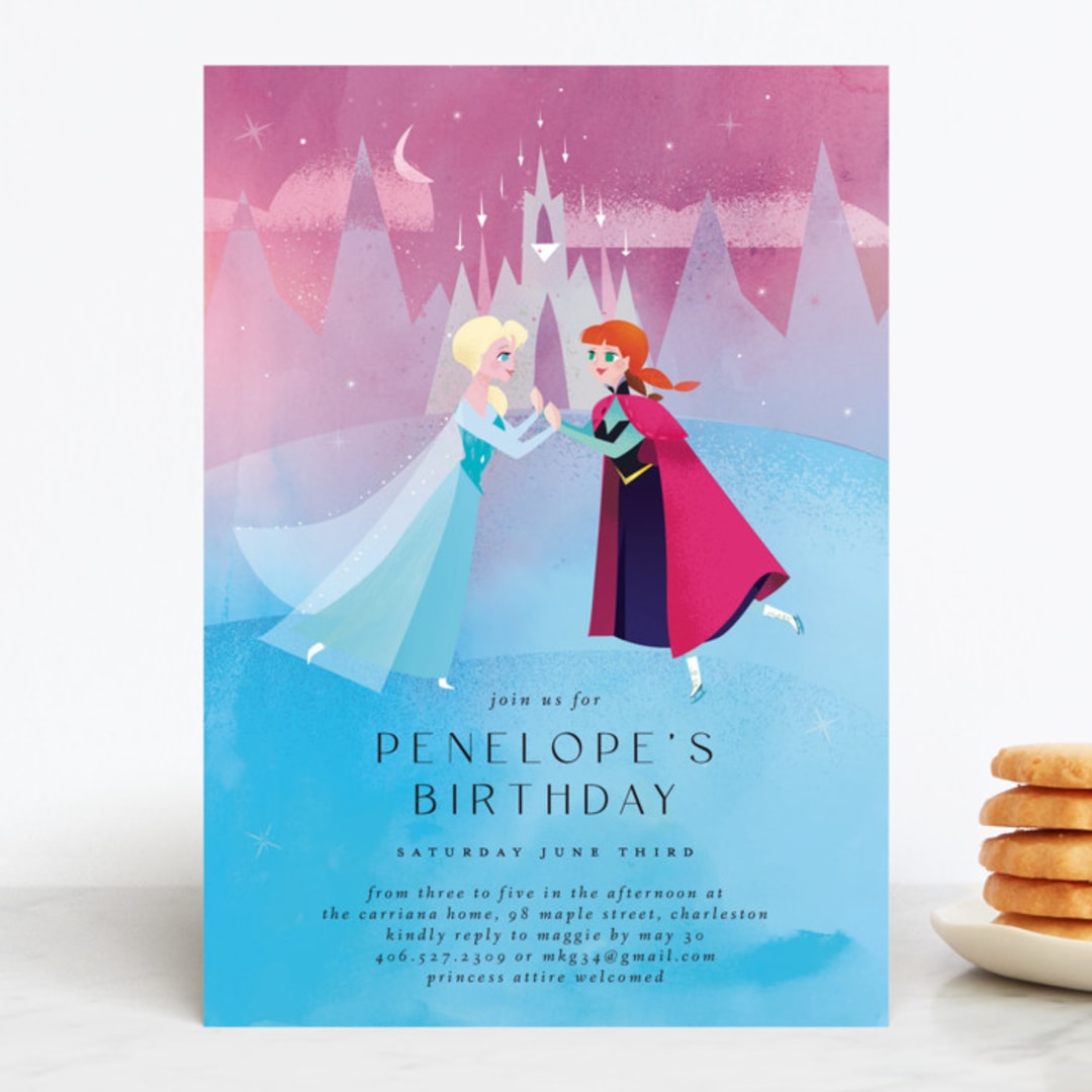 "Elsa and Anna from Disney's Frozen" - Children's Birthday Party Invitations in Twilight by Lori Wemple - Front