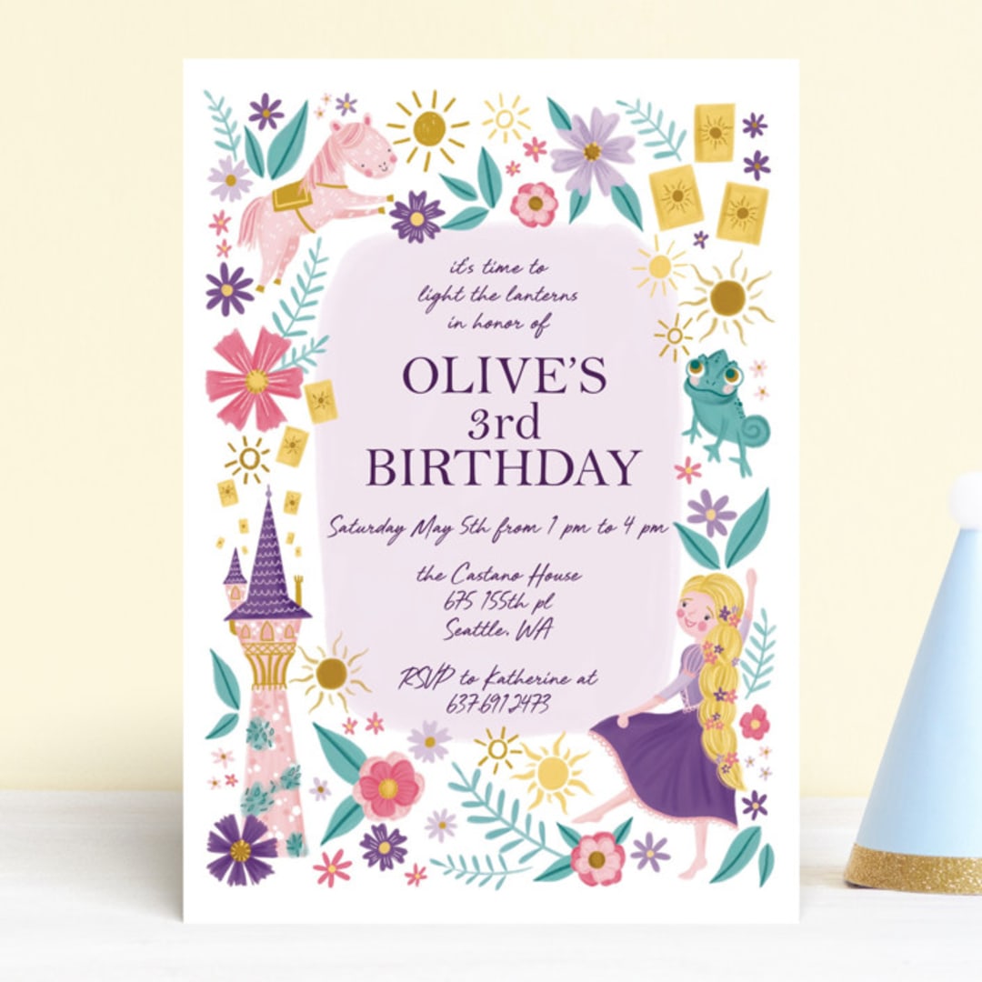 "Disney's Tangled Floral Birthday Invite" - Children's Birthday Party Invitations in Lilac by Katherine Dietz - Front