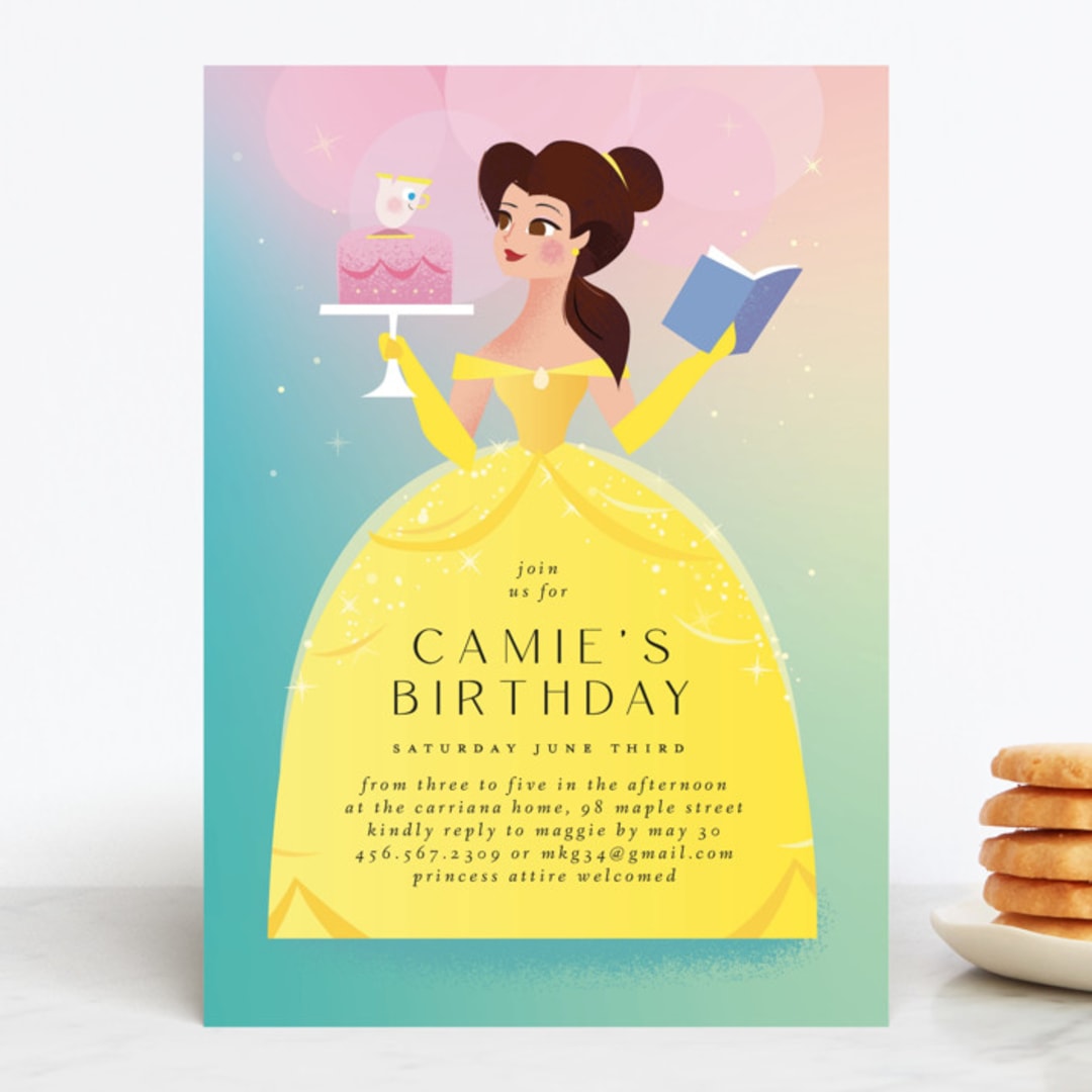 "Belle from Disney's Beauty And The Beast" - Children's Birthday Party Invitations in Teal by Lori Wemple - Front