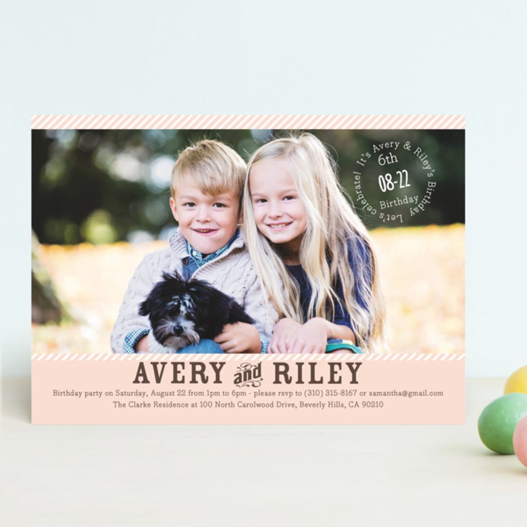 "Vintage Stripes" - Children's Birthday Party Invitations in Soft Rose by BeachPaperCo - Front