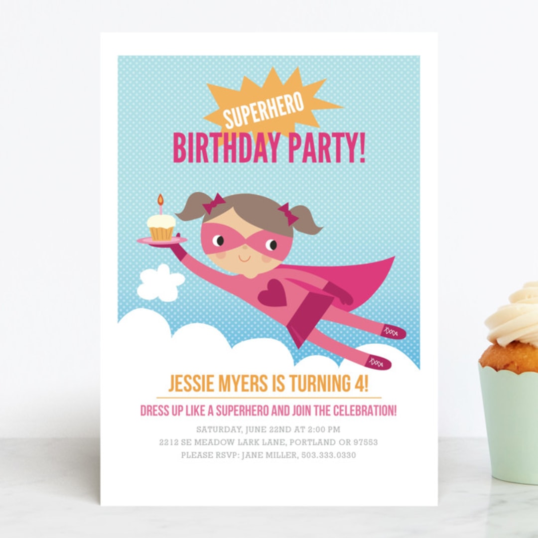"Super Birthday Girl" - Children's Birthday Party Invitations in Magenta by Tara Lilly Studio - Front