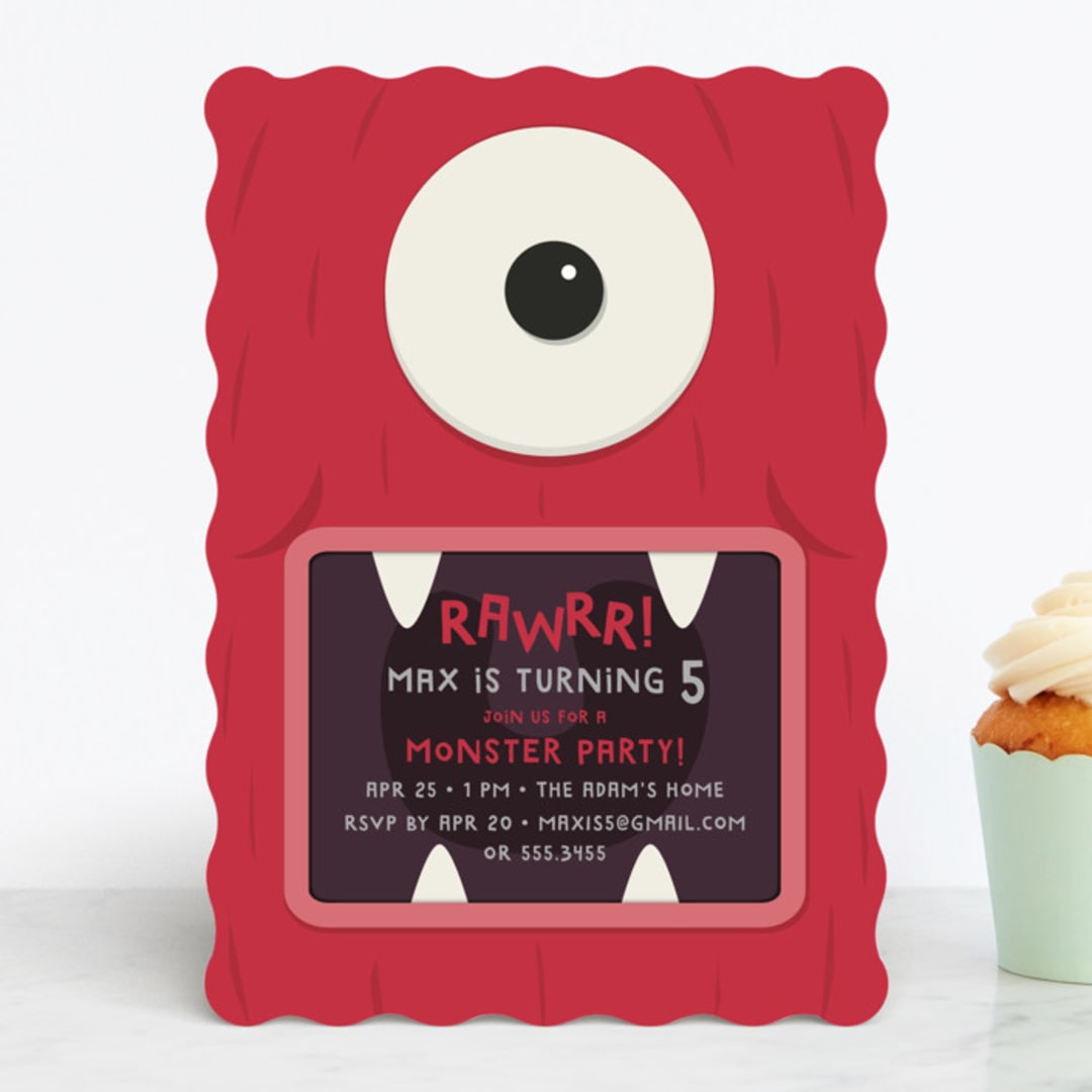 "Monster Party" - Children's Birthday Party Invitations in Scary Scarlet by Lori James - Front