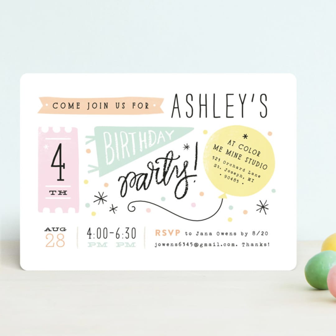 "Details details" - Children's Birthday Party Invitations in Cotton Candy by Jennifer Wick - Front