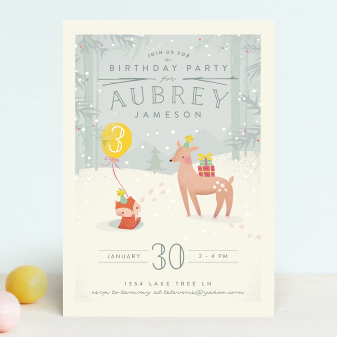 "Winter" - Children's Birthday Party Invitations in Lemon by Lori Wemple - Front
