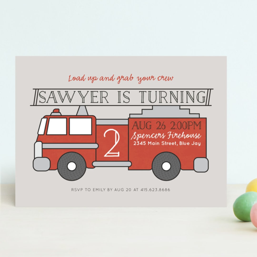 "Fire House Party" - Children's Birthday Party Invitations in Firetruck by Korry Brown - Front
