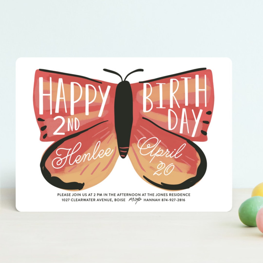 "birthday butterfly" - Children's Birthday Party Invitations in Coral by Rebecca Durflinger - Front