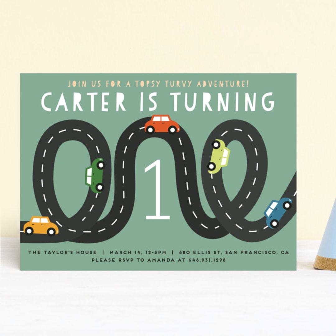 "Little Racer" - Children's Birthday Party Invitations in Grass by Jennifer Lew - Front
