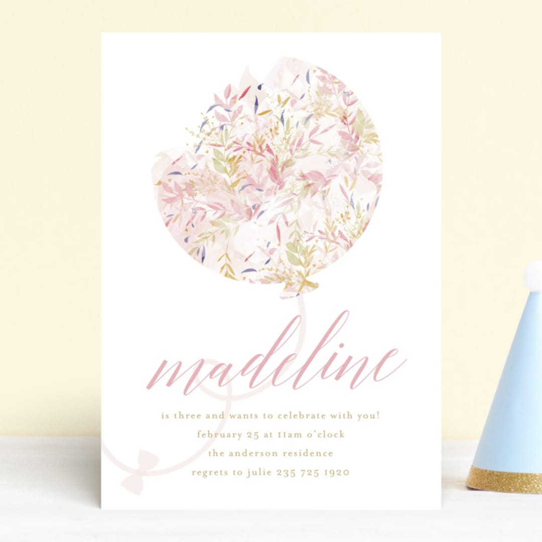 "floral balloon" - Children's Birthday Party Invitations in Bubblegum by Phrosné Barwood - Front