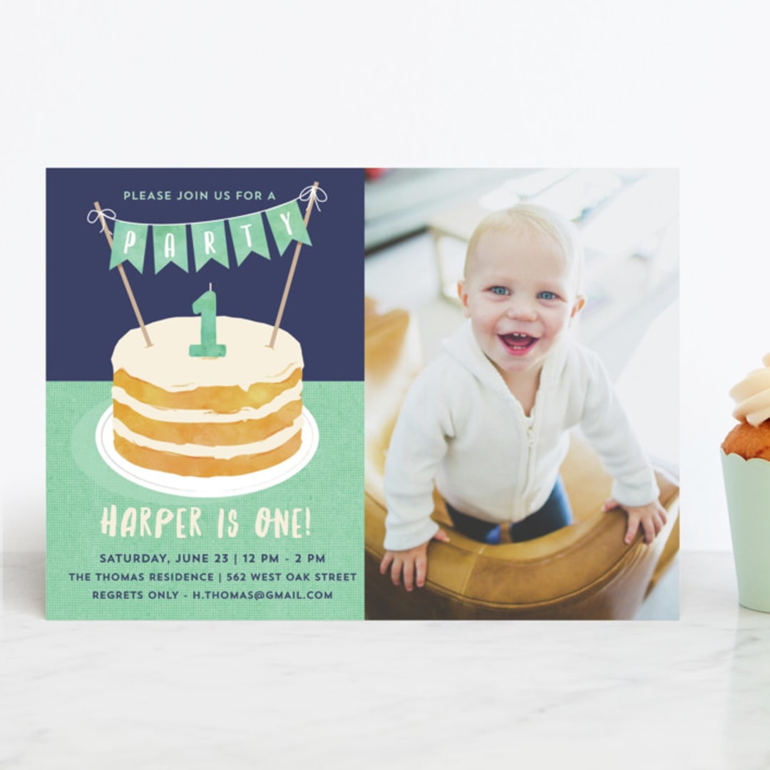 "Buttercream & Bunting" - Children's Birthday Party Invitations in Mint by Kerry Doyle - Front