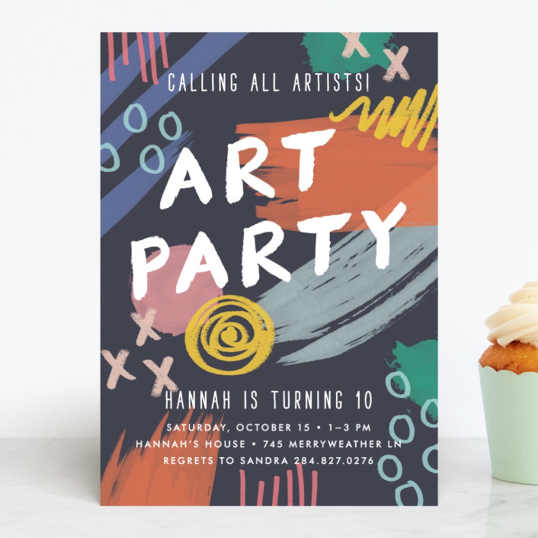 "Art Party" - Children's Birthday Party Invitations in Midnight by Amber Barkley - Front