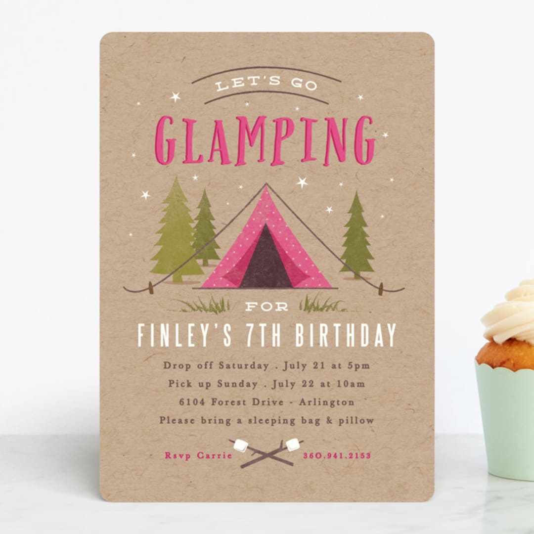 "Let's go glamping" - Children's Birthday Party Invitations in Fushcia by Karidy Walker - Front