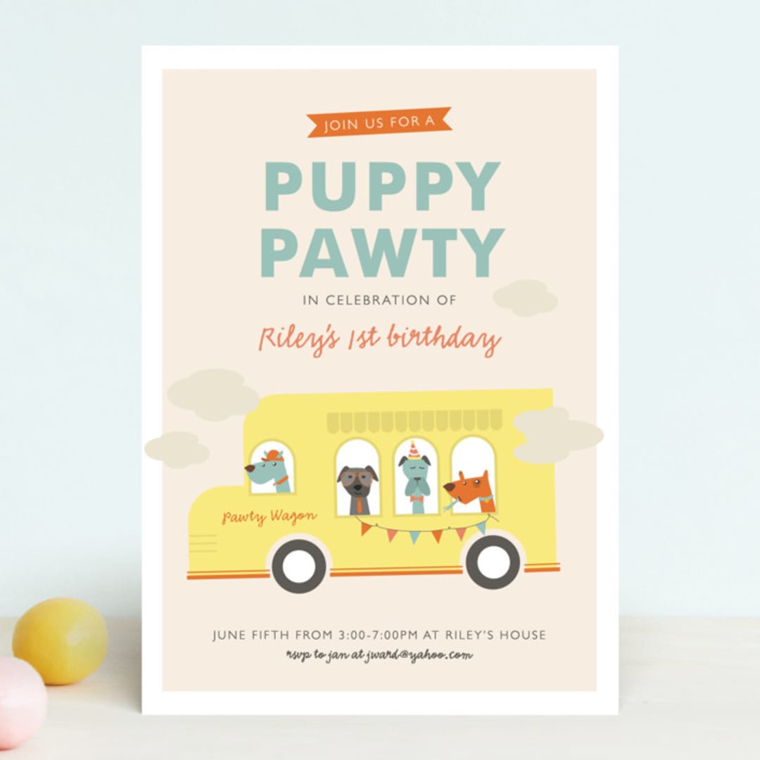 "Puppy Pawty" - Children's Birthday Party Invitations in Sky by Bethany Anderson - Front