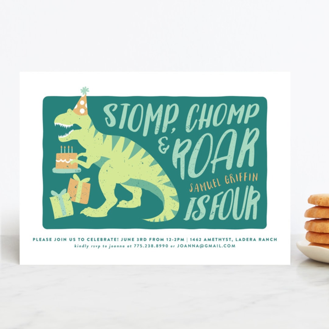 "Stomp and Chomp Dino" - Children's Birthday Party Invitations in Jungle by Joanna Griffin - Front