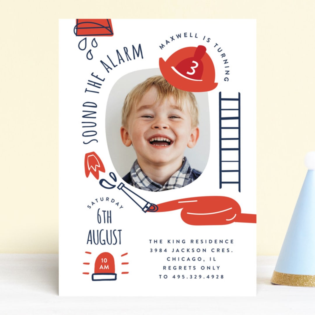"Little Fire Fighter" - Children's Birthday Party Invitations in Firetruck by Corinne Malesic - Front