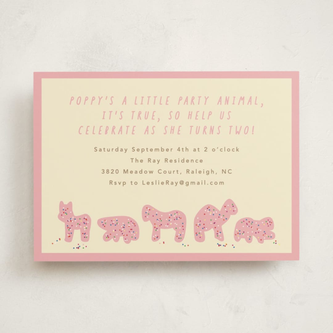 "Animal Cracker Parade" - Children's Birthday Party Invitations in Pink Sugar by Jennifer Postorino - Front