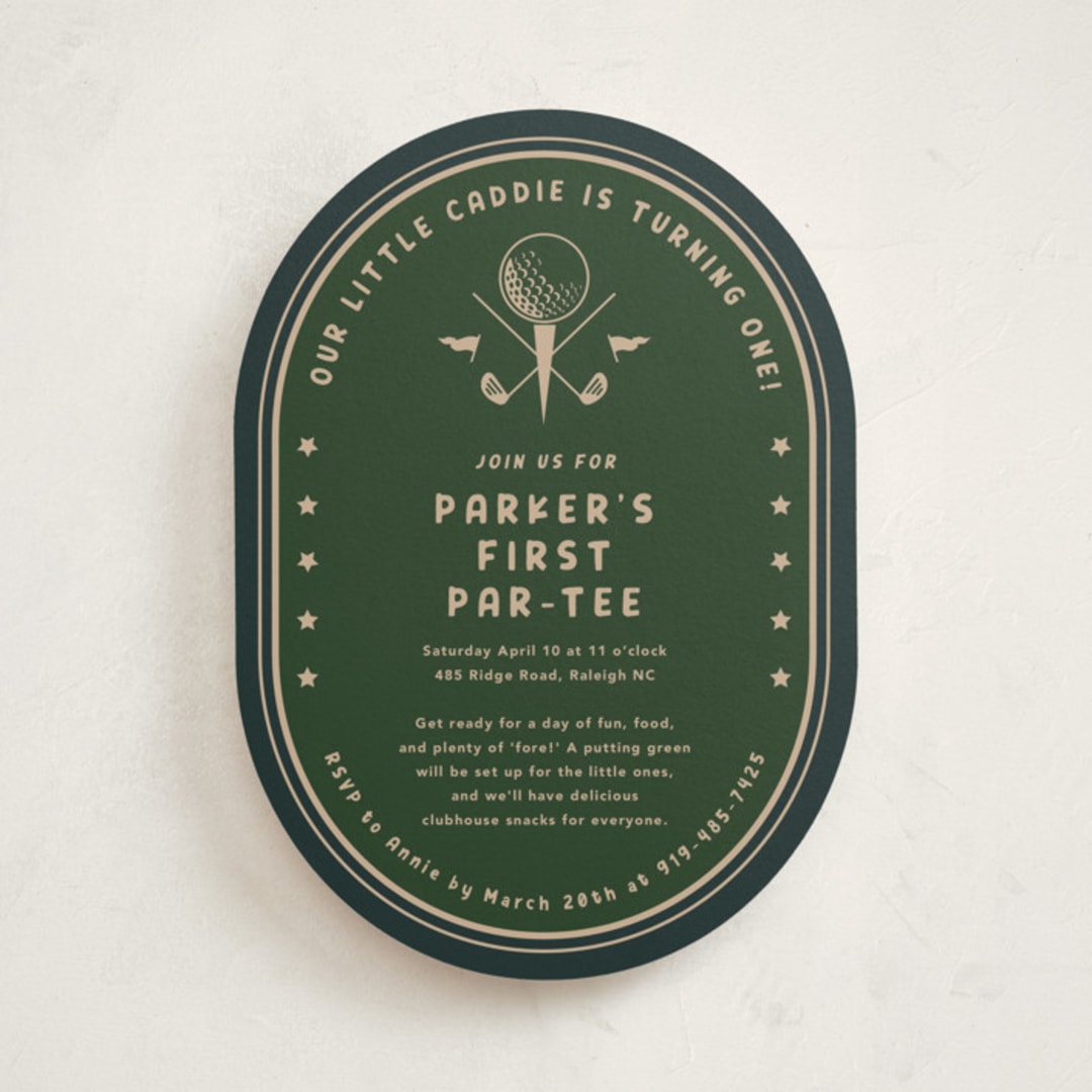 "Par-Tee" - Children's Birthday Party Invitations in Evergreen by Susan Zinader - Front