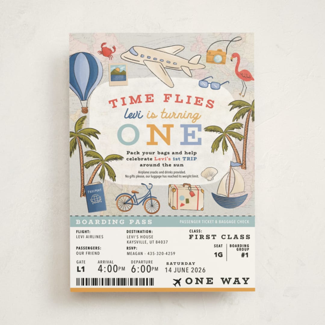 "First Class - Birthday" - Children's Birthday Party Invitations in Aqua by Meagan Griffin - Front