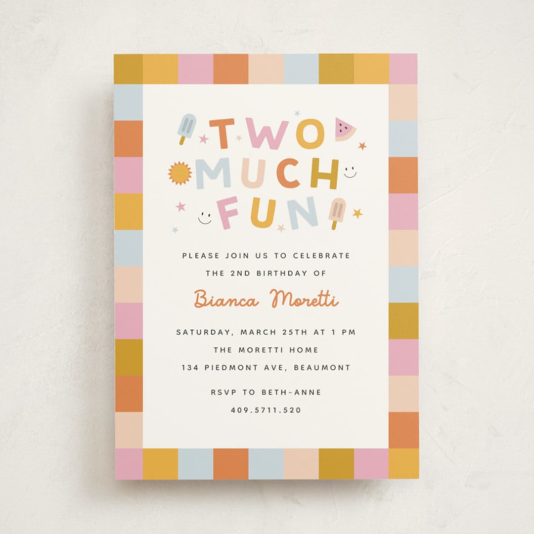 "Two Much Fun" - Children's Birthday Party Invitations in Gumdrop by Carmia Jordaan - Front