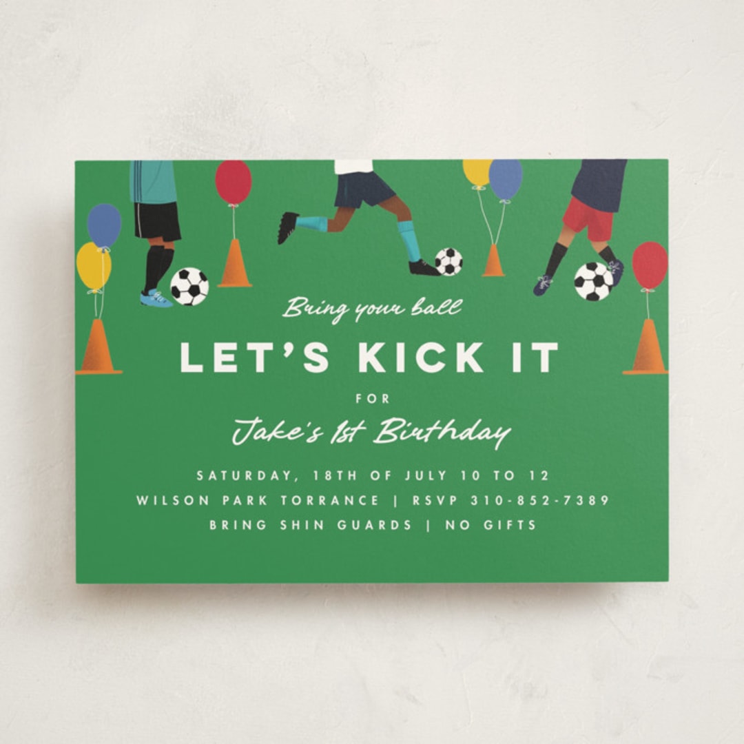 "Kick It Soccer Ball" - Children's Birthday Party Invitations in Grass by Becky Nimoy - Front