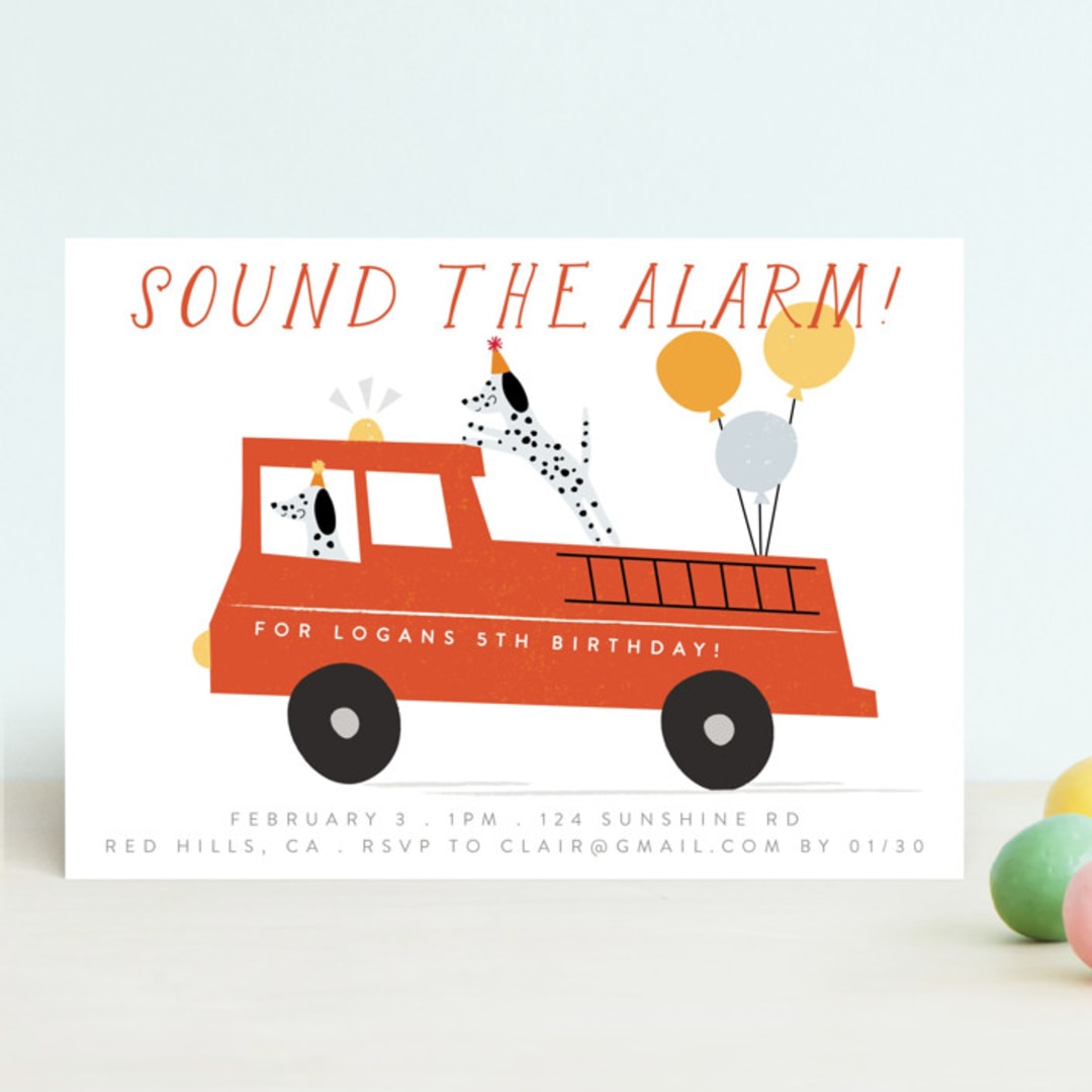 "Sound The Alarm!" - Children's Birthday Party Invitations in Dalmatian by Angela Thompson - Front
