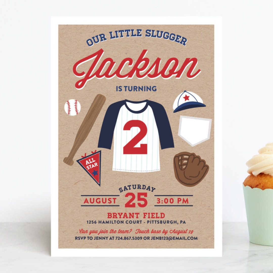 "Little Slugger" - Children's Birthday Party Invitations in Patriotic by One Swell Studio - Front