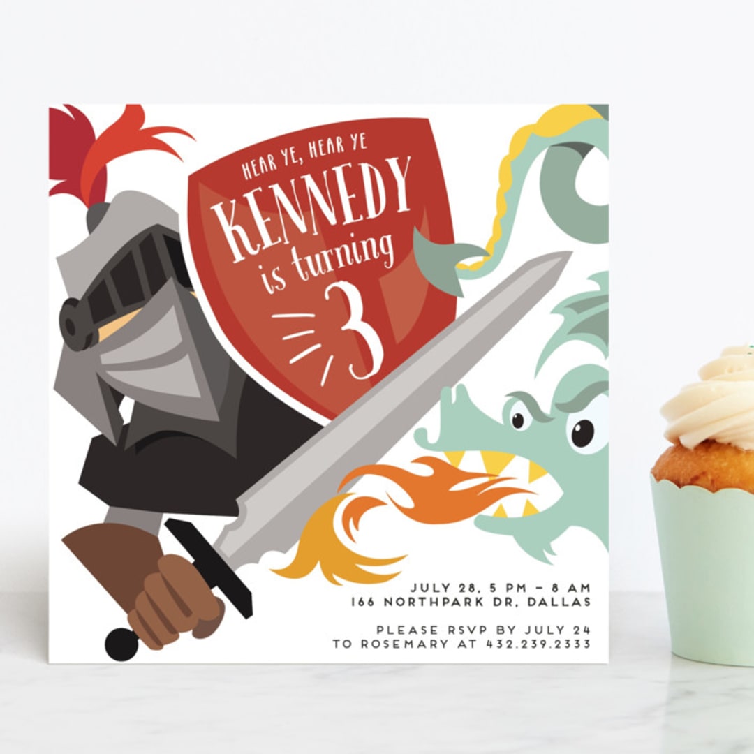 "Knight in Shining Armor" - Children's Birthday Party Invitations in Crimson by Haley Warner - Front
