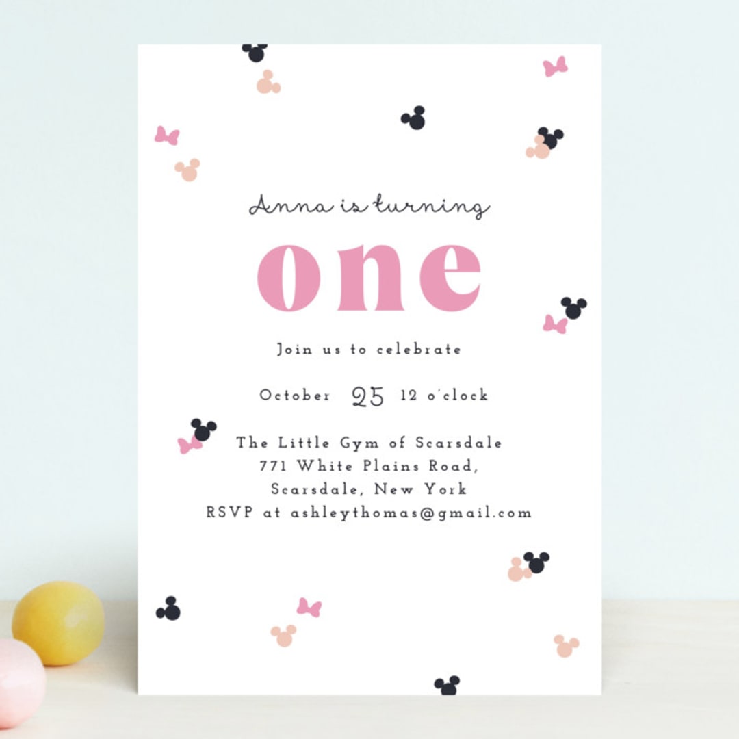 "Disney's Minnie Mouse Confetti" - Children's Birthday Party Invitations in Peony by Annie Holmquist - Front