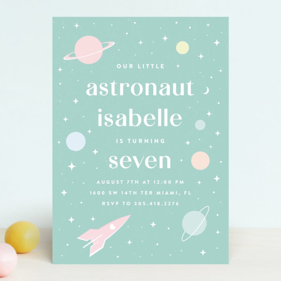 "Little Retro Astronaut" - Children's Birthday Party Invitations in Mint by Maria Alou - Front