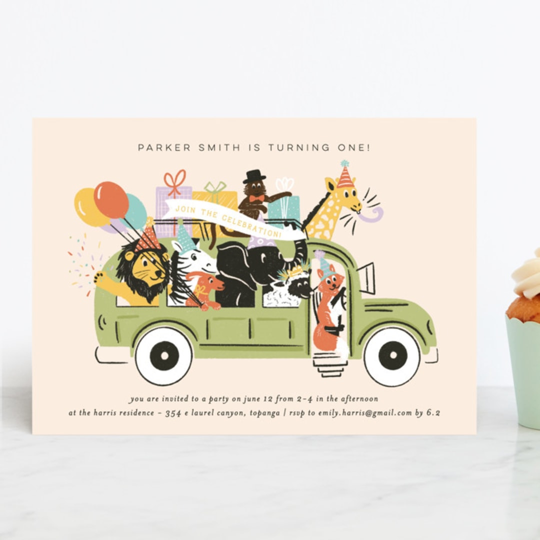 "Birthday Bus" - Children's Birthday Party Invitations in Sour Apple by Shiny Penny Studio - Front