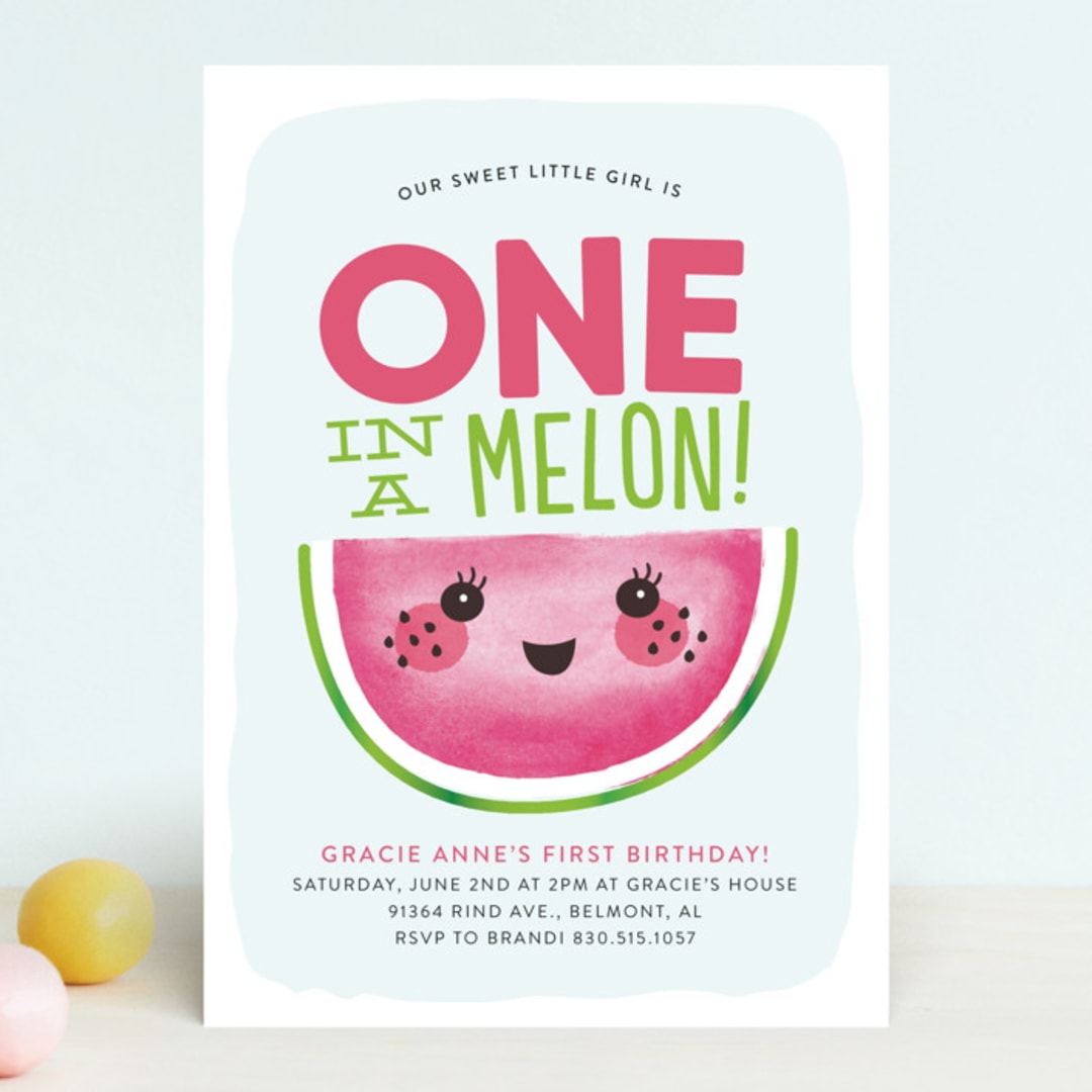 "One In A Melon" - Children's Birthday Party Invitations in Watermelon by Itsy Belle Studio - Front