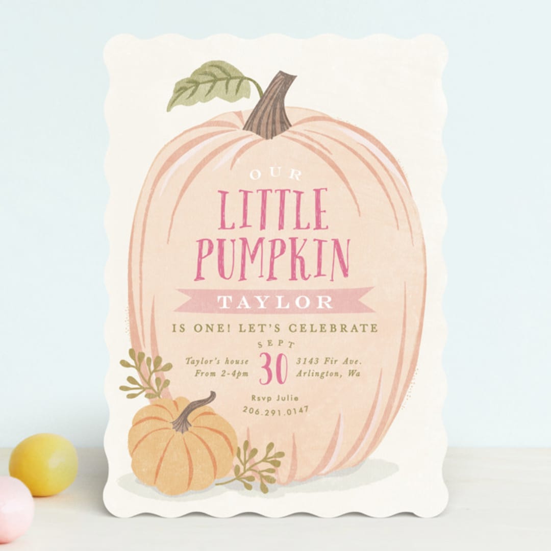 "Autumn Pumpkin" - Children's Birthday Party Invitations in Peach by Karidy Walker - Front