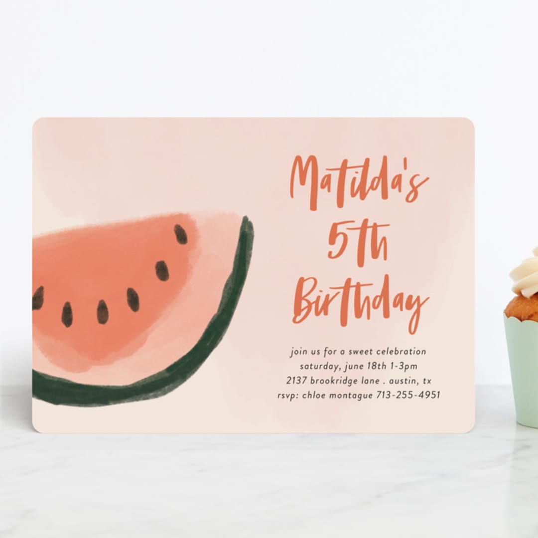 "Watermelon" - Children's Birthday Party Invitations in Punch by Morgan Kendall - Front