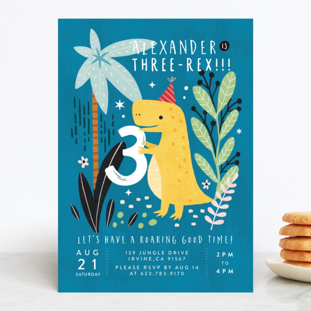 "Three-Rex" - Children's Birthday Party Invitations in Jungle by Cindy Chu - Front