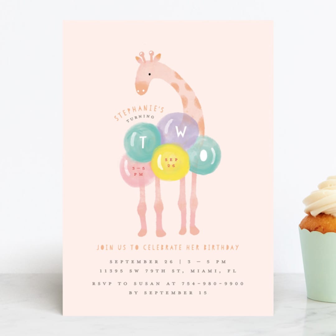 "Giraffe and Balloons" - Children's Birthday Party Invitations in Blush by iamtanya - Front