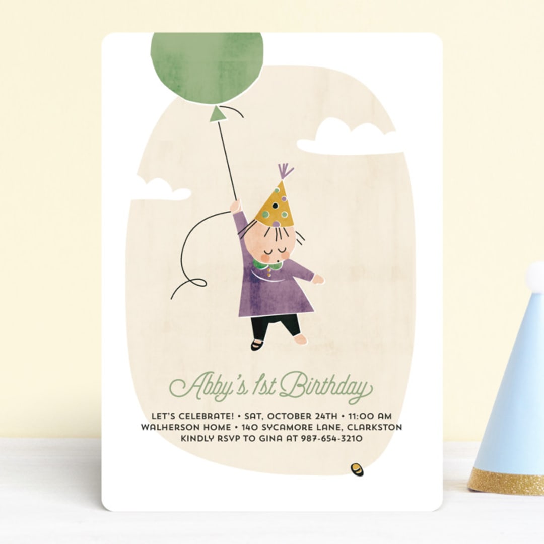 "First Balloon" - Children's Birthday Party Invitations in Lavender by Karen Glenn - Front