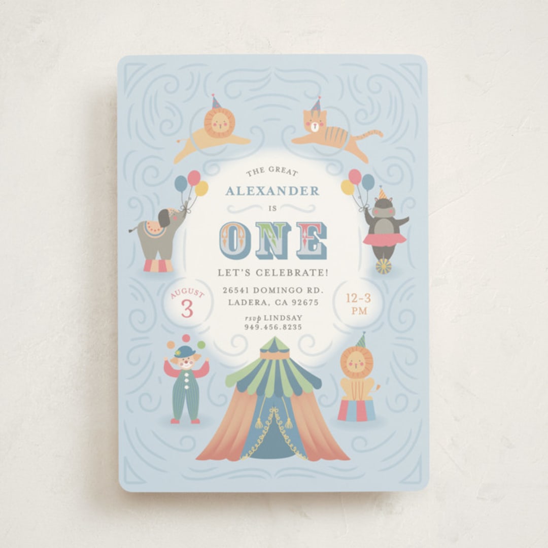 "Step Right Up" - Children's Birthday Party Invitations in Sky by Joanna Griffin - Front