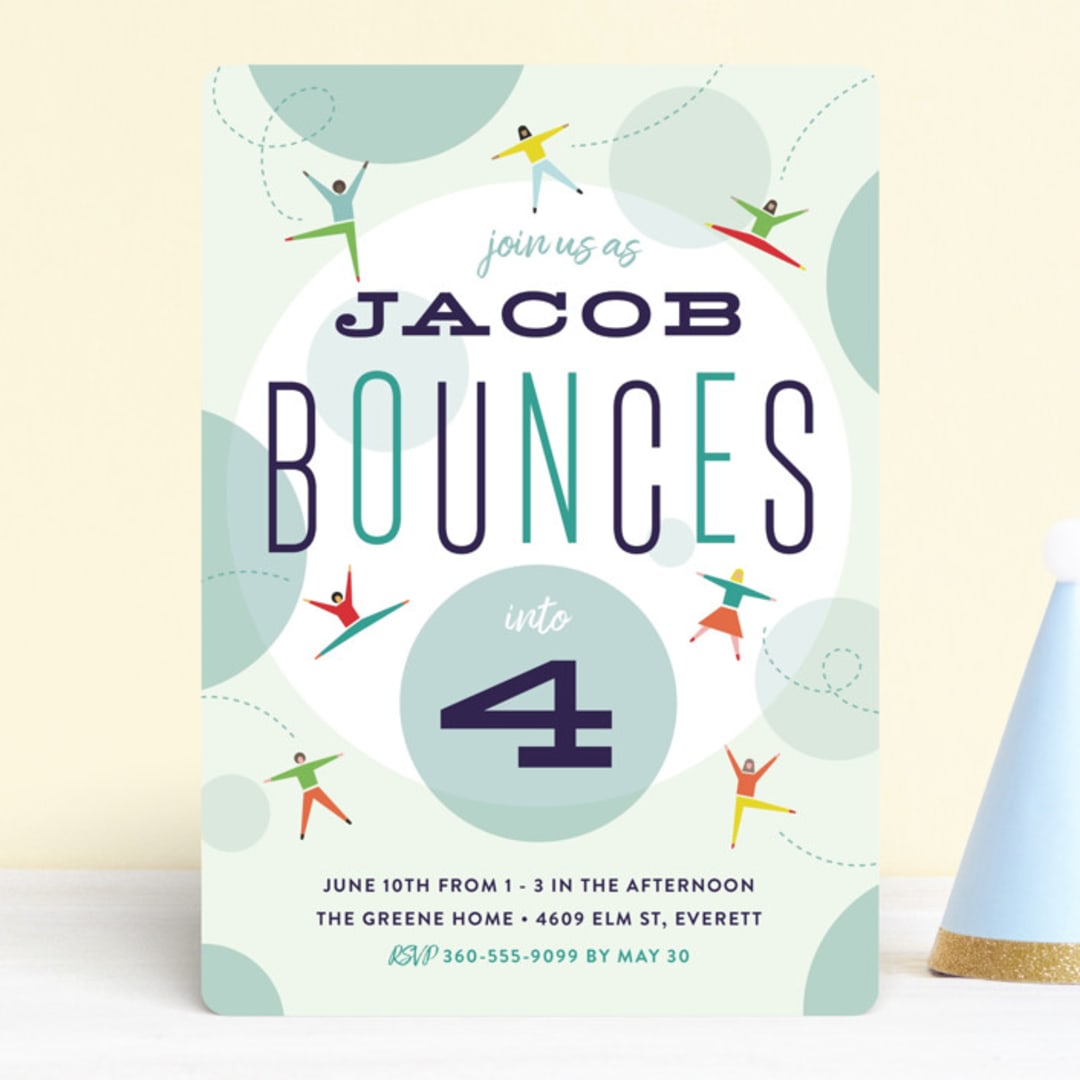 "Bounce into a birthday" - Children's Birthday Party Invitations in Aquamarine by Heather Francisco - Front