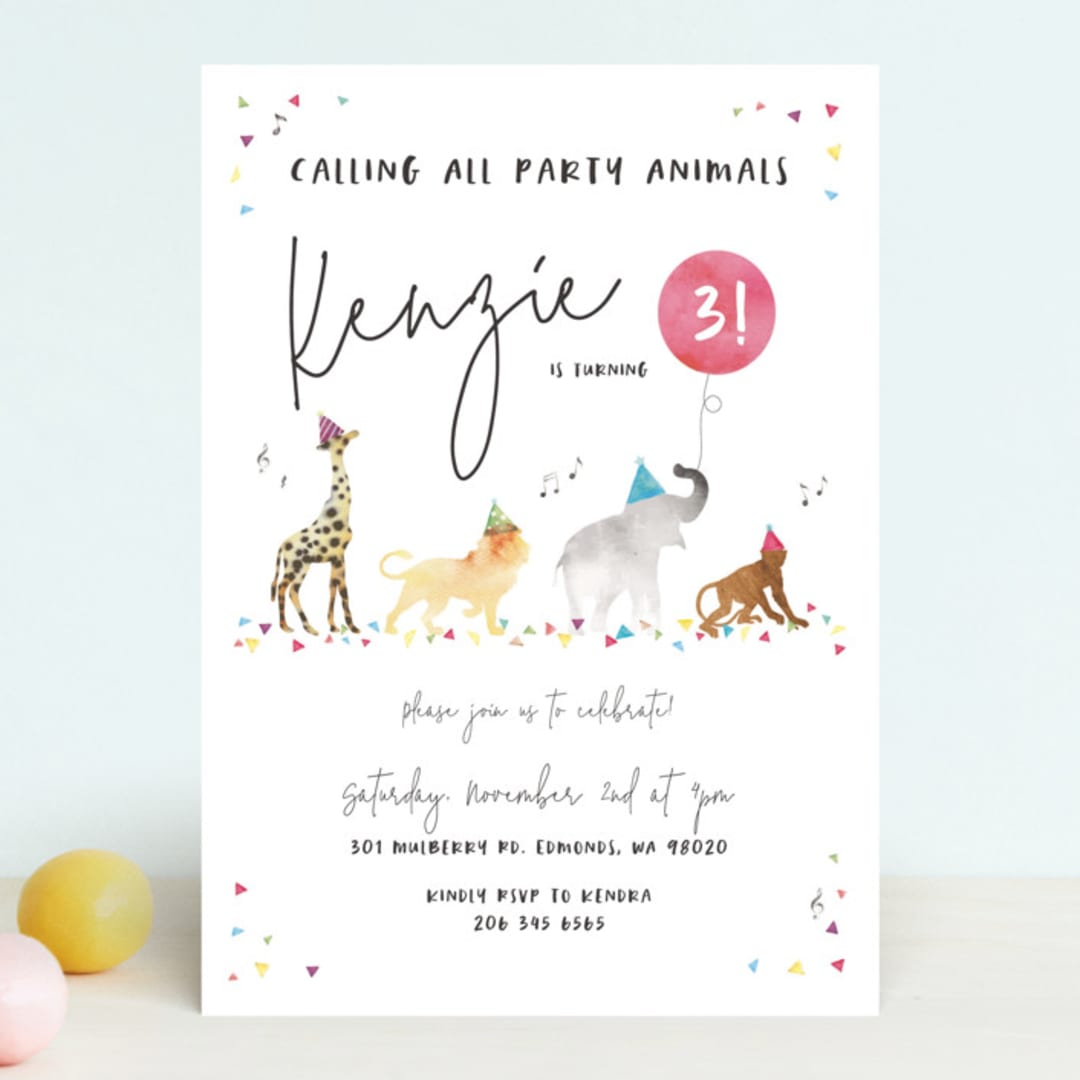 "Party Animals Marching to the Music" - Children's Birthday Party Invitations in Gumdrops by Maggie Maeve - Front