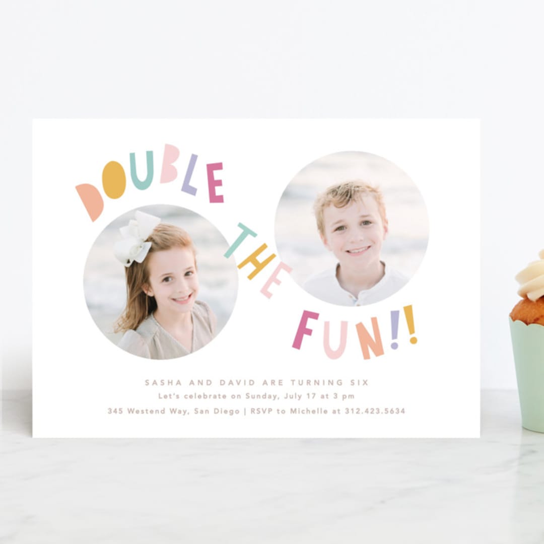 "Double the fun" - Children's Birthday Party Invitations in Sherbet by Creo Study - Front