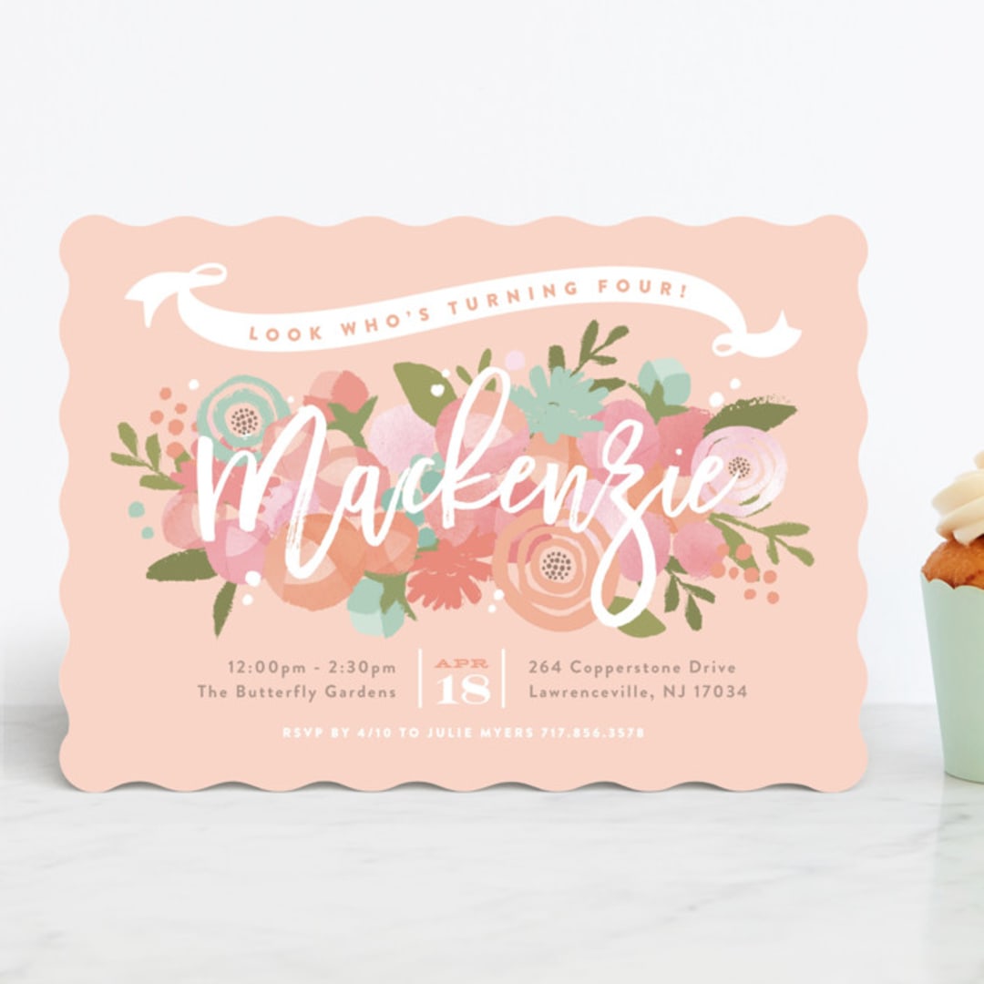 "Blooming Peonies" - Children's Birthday Party Invitations in Peach by Jennifer Wick - Front