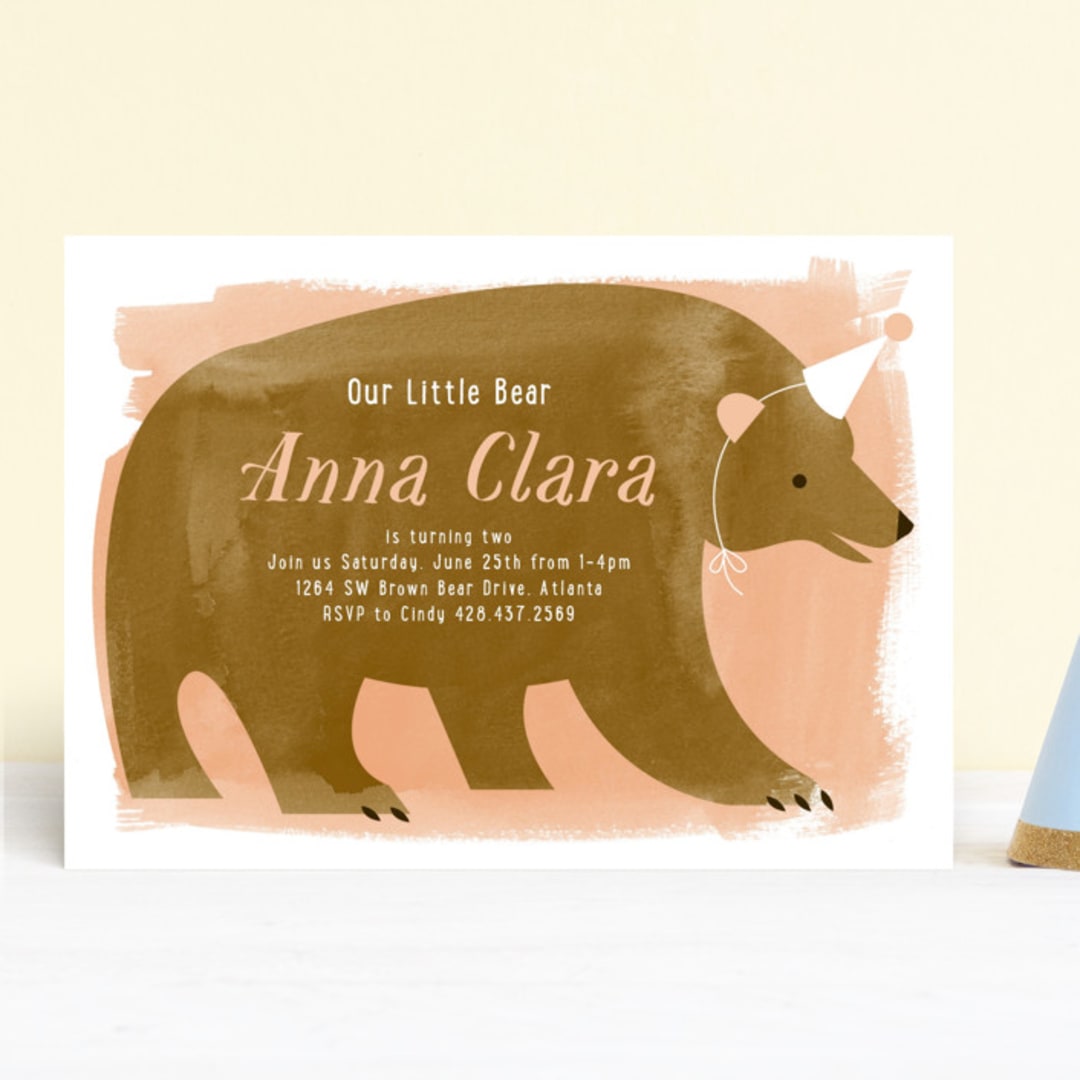 "Little Bear" - Children's Birthday Party Invitations in Peach by Just Eleanor - Front